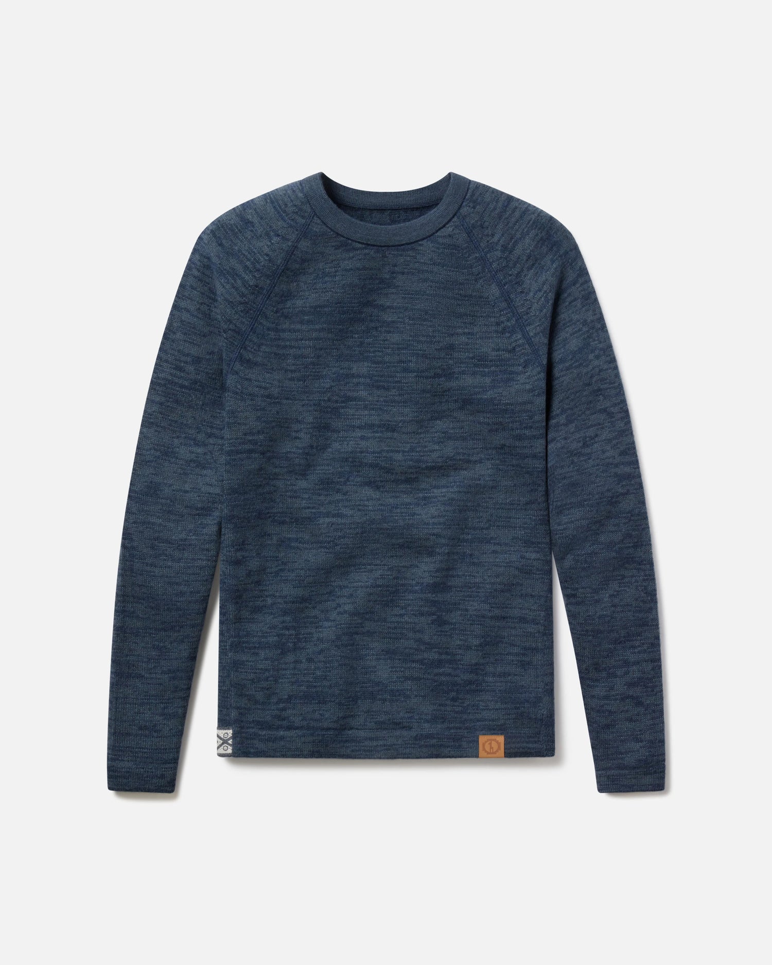 Front view of The Original Crew alpaca crewneck sweater in navy showing raglan sleeves and heathered knit on gray background