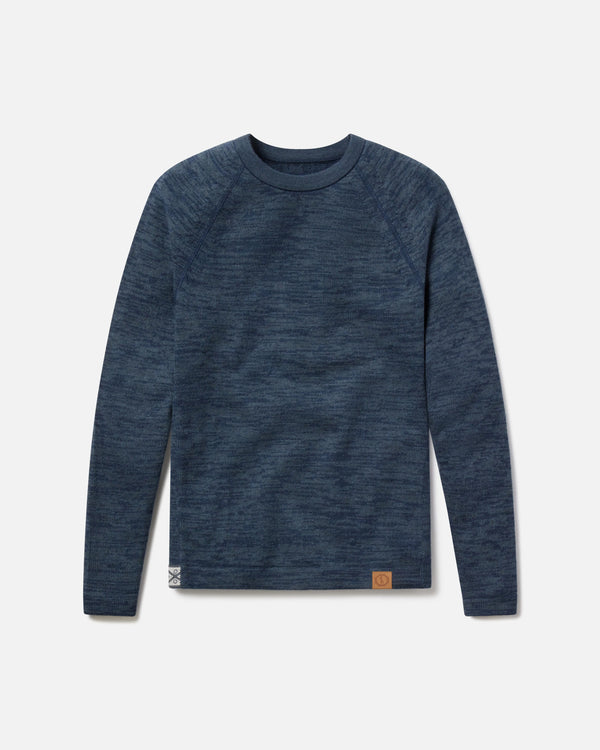 Front view of The Original Crew alpaca crewneck sweater in navy showing raglan sleeves and heathered knit on gray background
