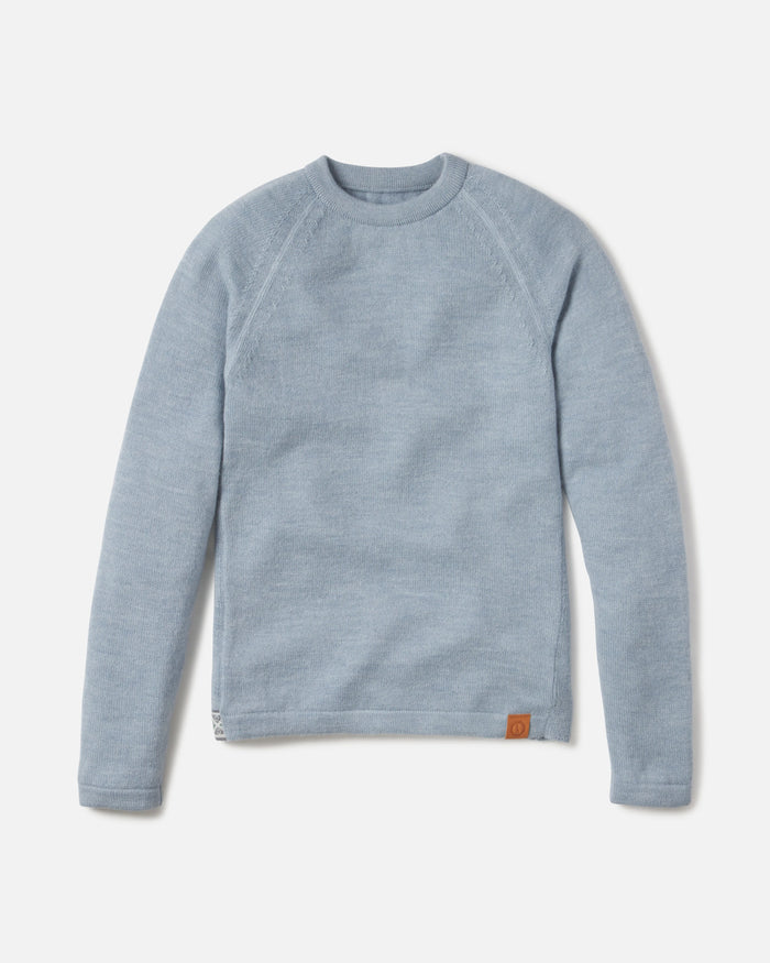 Flat lay of The Original Crew alpaca crewneck sweater showcasing raglan sleeves and soft sky blue knit on a white background
