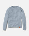 Flat lay of The Original Crew alpaca crewneck sweater showcasing raglan sleeves and soft sky blue knit on a white background