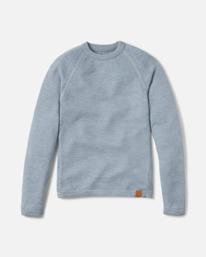 Flat lay of The Original Crew alpaca crewneck sweater showcasing raglan sleeves and soft sky blue knit on a white background