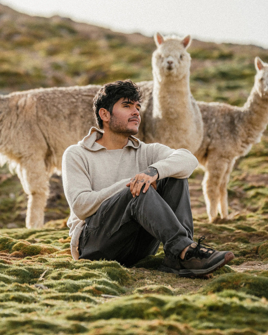 Man sitting on the ground with two alpacas in a natural setting wearing PAKA The Hoodie in Pebble