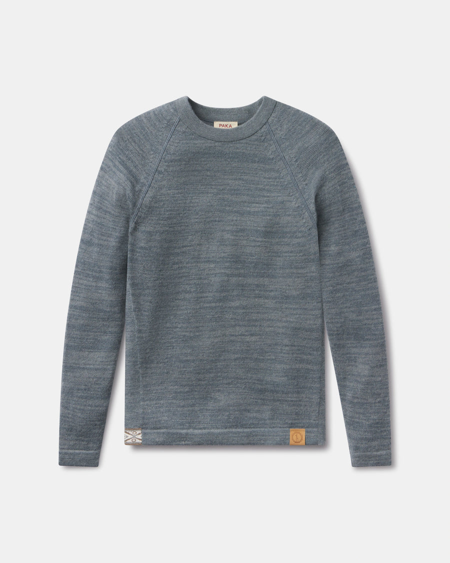 Front view of The Original Crew alpaca sweater in bluestone with raglan sleeves, knit texture and leather logo patch