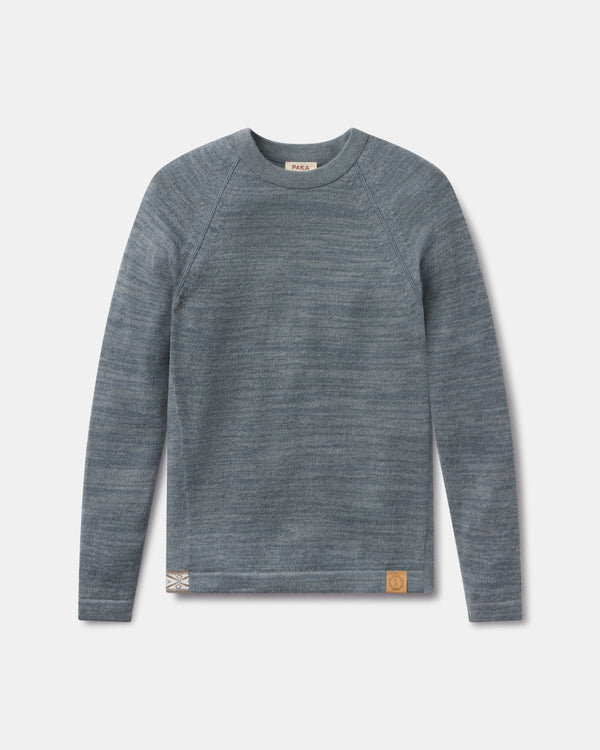 Front view of The Original Crew alpaca sweater in bluestone with raglan sleeves, knit texture and leather logo patch