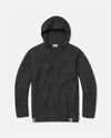Flat lay of The Hoodie alpaca hoodie charcoal, knit texture with hood, sleeves, and logo patch on white background