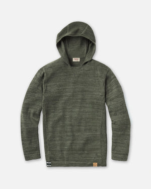 Front flat lay of The Hoodie alpaca hoodie showing eucalyptus green marled knit and leather logo patch on white background