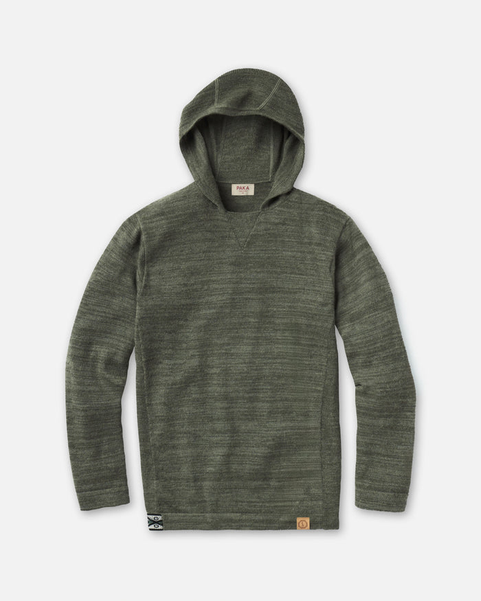 Front flat lay of The Hoodie alpaca hoodie showing eucalyptus green marled knit and leather logo patch on white background