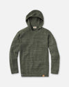 Front flat lay of The Hoodie alpaca hoodie showing eucalyptus green marled knit and leather logo patch on white background