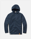 Flat lay of The Hoodie alpaca hoodie in navy showing hood, sleeves, knit texture, and hem logo patch on light gray background
