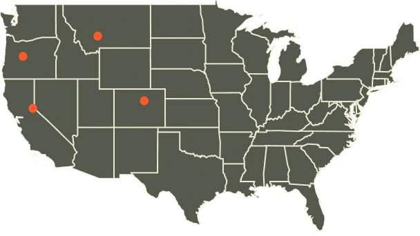 US map showing four event locations marked with orange dots: Bozeman MT, Boulder CO, Bend OR, Tahoe City CA