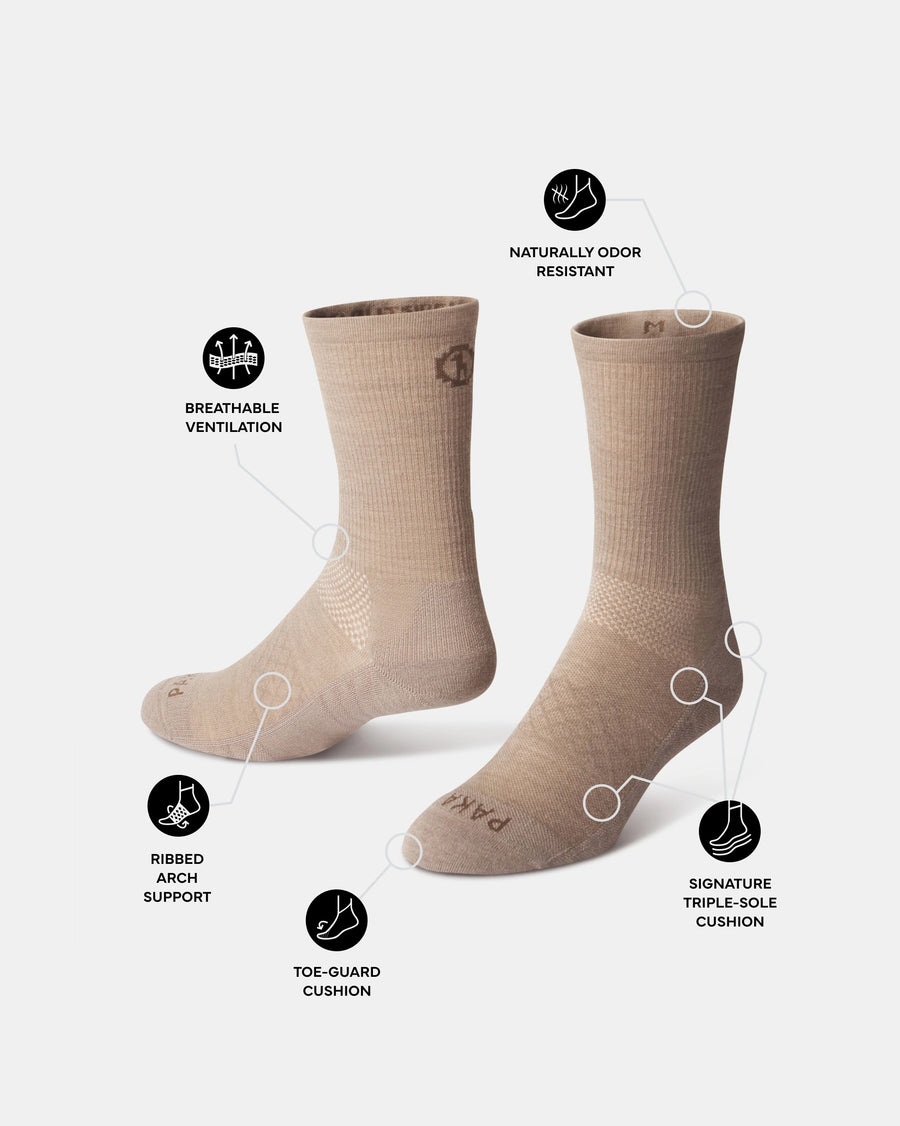 Front view of Trail 3/4 Crew socks highlighting breathable ventilation ribbed arch support, toe-guard and triple-sole cushions