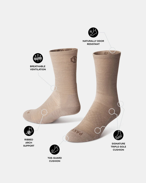 Front view of Trail 3/4 Crew socks highlighting breathable ventilation ribbed arch support, toe-guard and triple-sole cushions