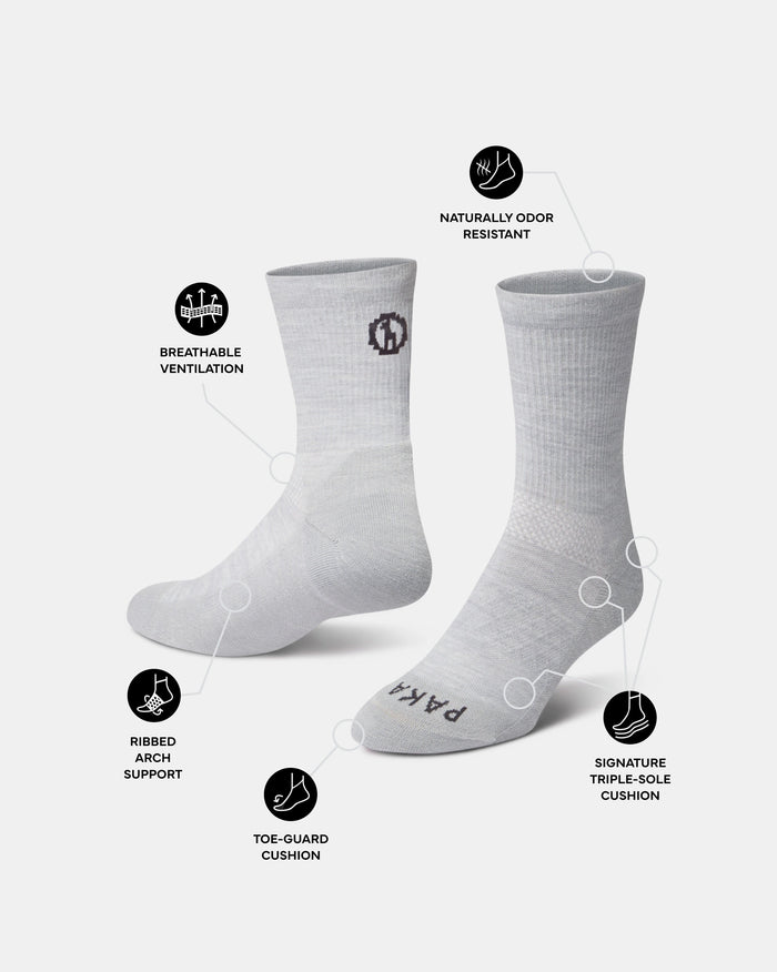 Angled view of Trail three-quarter crew socks showing breathable vents, arch support, toe guard and triple-sole cushioning