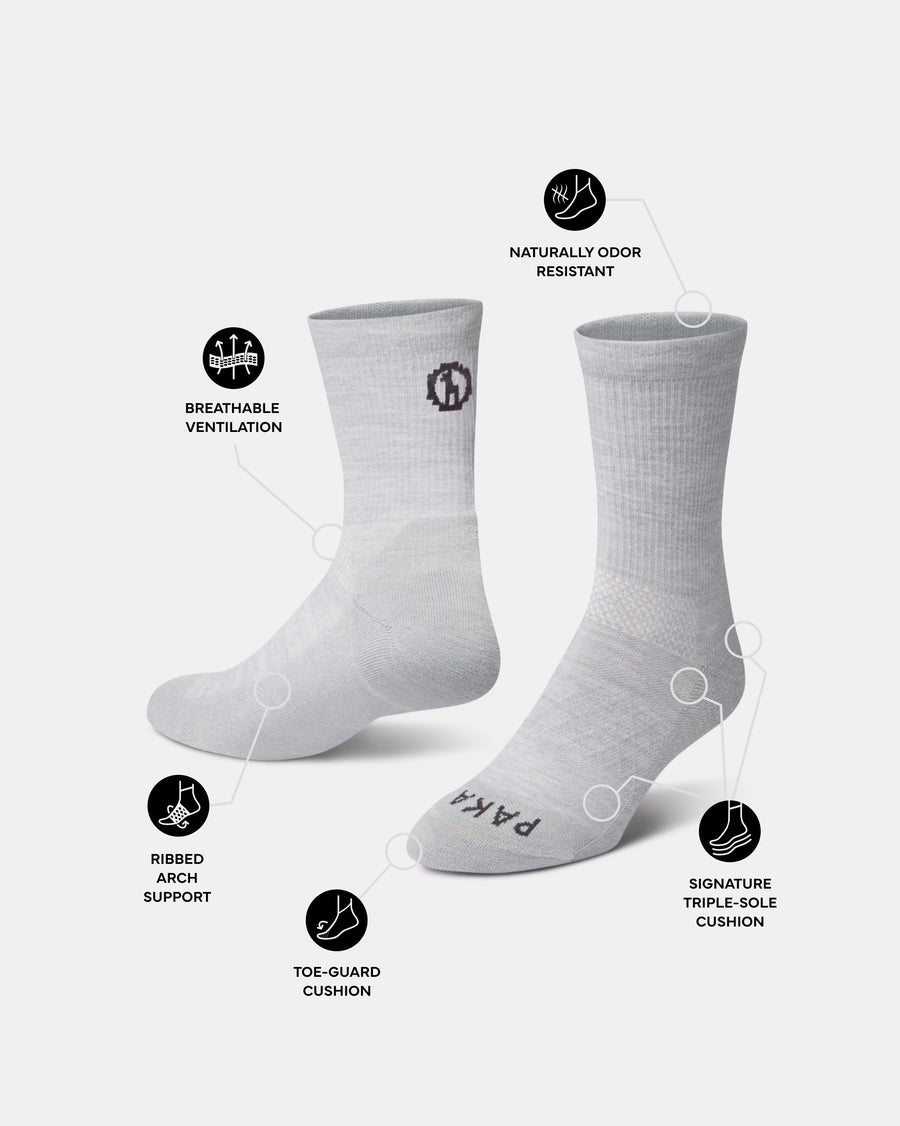 Angled view of Trail three-quarter crew socks showing breathable vents, arch support, toe guard and triple-sole cushioning