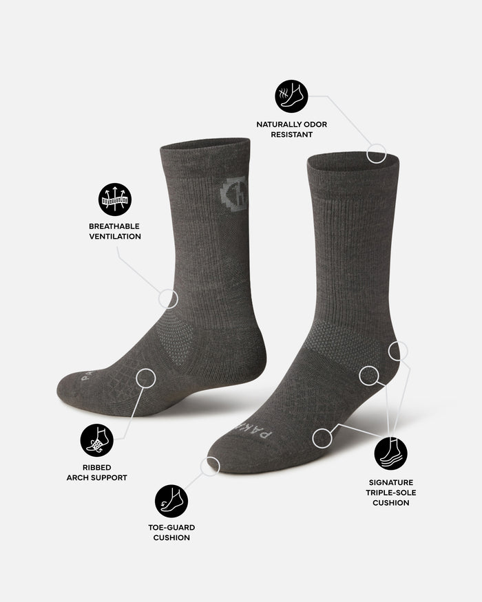 Angled view of Trail Crew Socks with breathable mesh, arch support, and triple-sole cushion