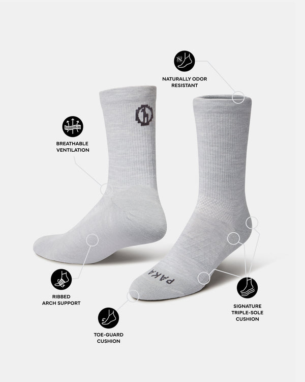Side-by-side Trail Crew socks in light gray showing breathable ventilation, ribbed arch, toe-guard and triple-sole cushion