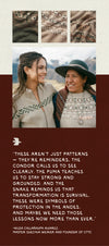 Two Quechua women smiling in traditional Andean clothing in a mountain setting, shown alongside three fabric swatches and a quote panel about partnering to honor weaving traditions