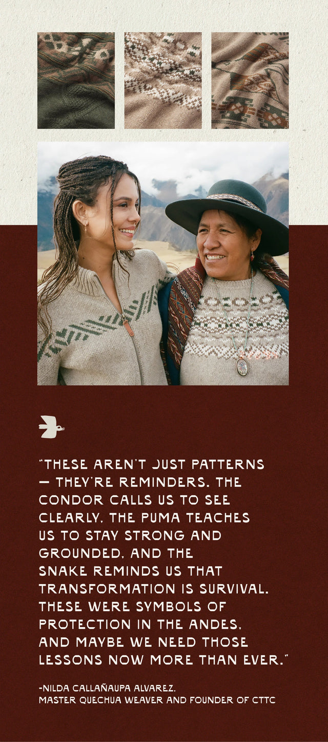 Two Quechua women smiling in traditional Andean clothing in a mountain setting, shown alongside three fabric swatches and a quote panel about partnering to honor weaving traditions