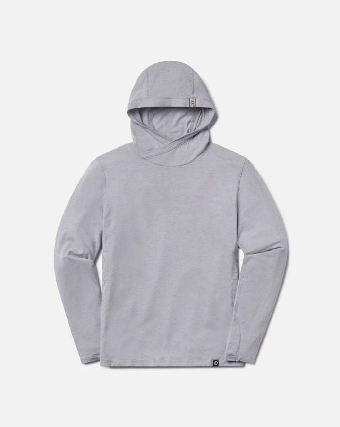 Front view of Women’s Sol hoodie showing crossover hood, hidden thumbholes, lightweight alpaca-blend fabric, supernova grey