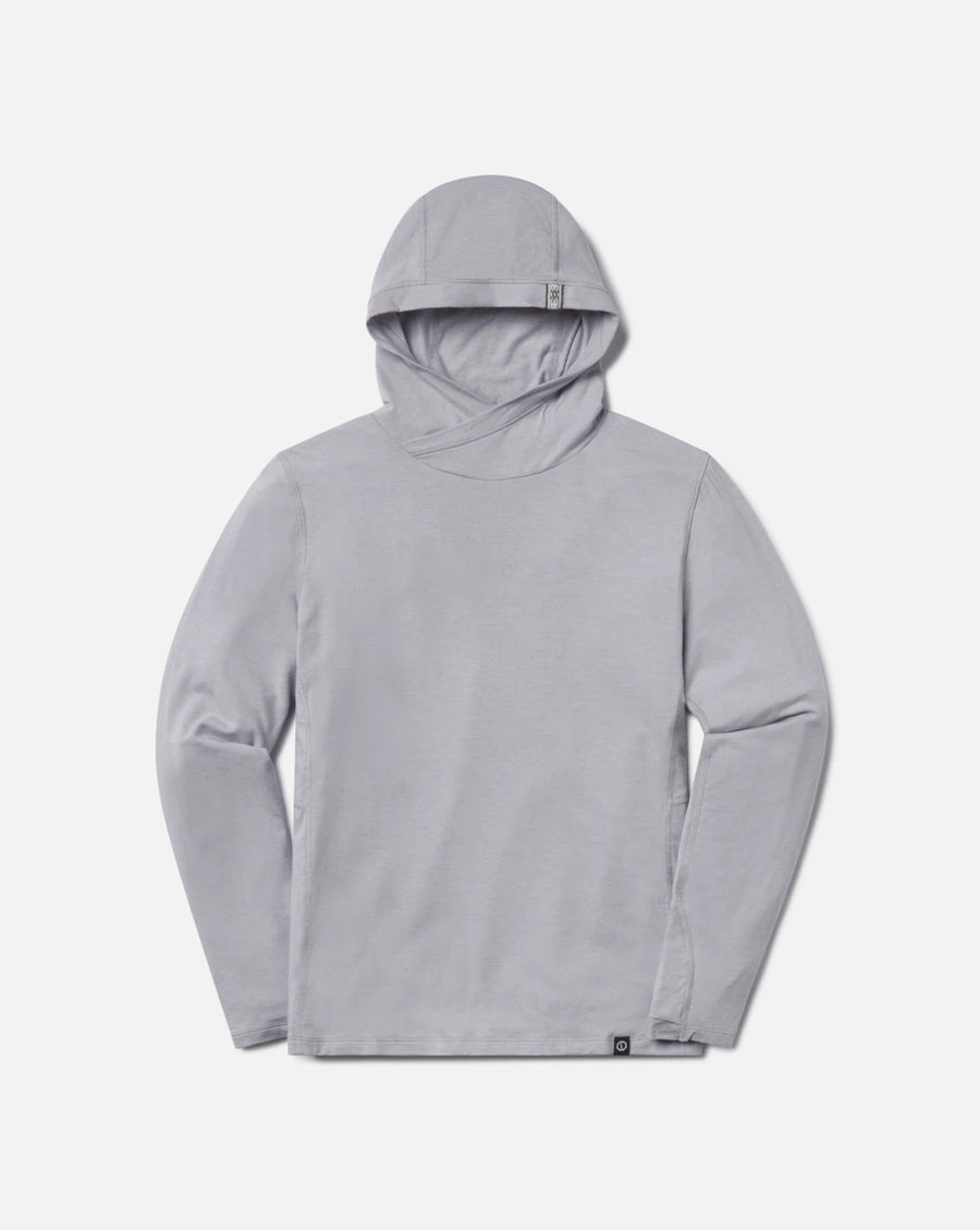 Front view of Women’s Sol hoodie showing crossover hood, hidden thumbholes, lightweight alpaca-blend fabric, supernova grey