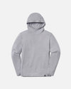 Front view of Women’s Sol hoodie showing crossover hood, hidden thumbholes, lightweight alpaca-blend fabric, supernova grey