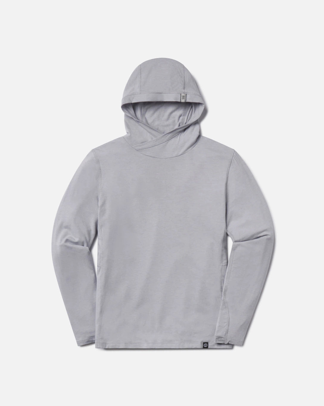 Front view of Women’s Sol hoodie showing crossover hood, hidden thumbholes, lightweight alpaca-blend fabric, supernova grey