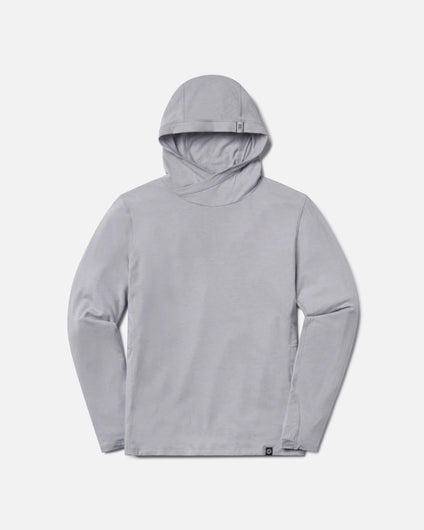 Front view of Women’s Sol hoodie showing crossover hood, hidden thumbholes, lightweight alpaca-blend fabric, supernova grey