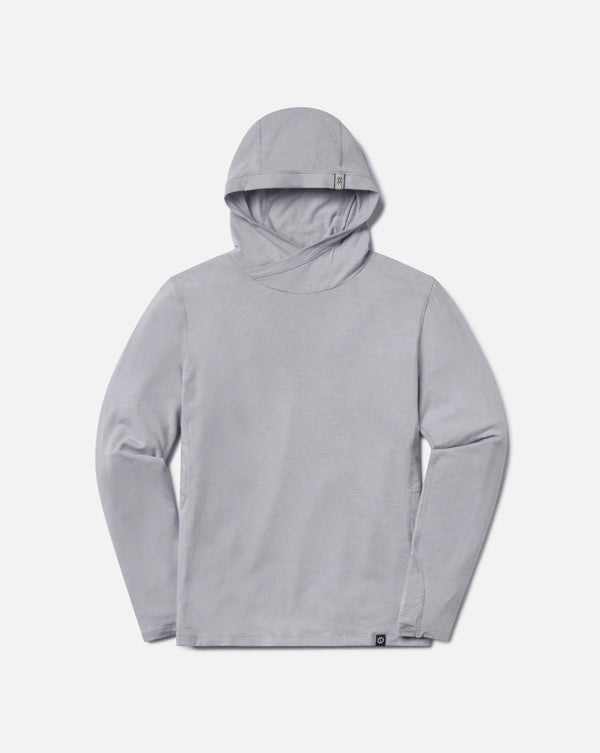 Front view of Women’s Sol hoodie showing crossover hood, hidden thumbholes, lightweight alpaca-blend fabric, supernova grey