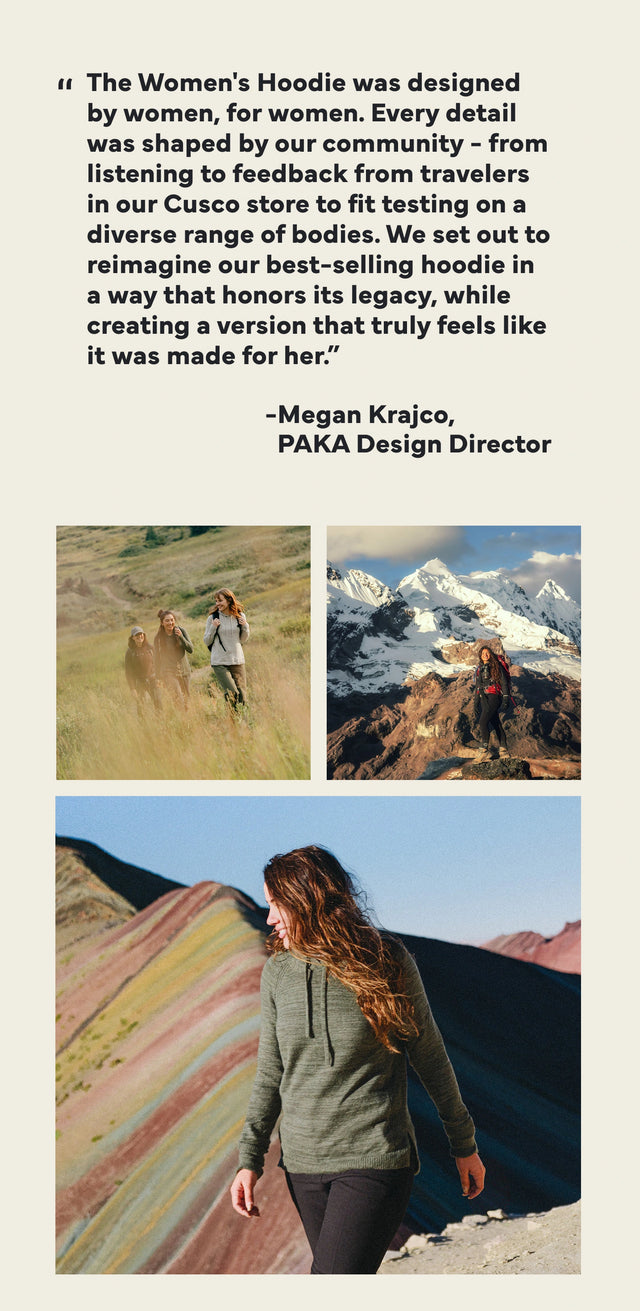Promotional banner showing three photos of women modeling the new women’s hoodie and a quote about its more feminine fit