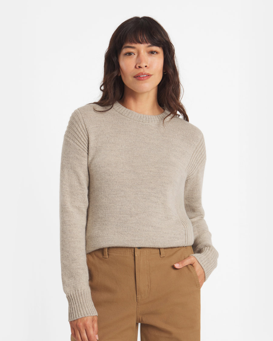 Front view of Women’s Original Crew alpaca sweater showing ribbed shoulder detail and crewneck on white background