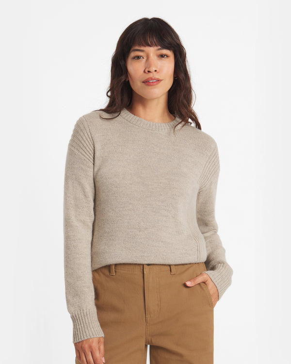 Front view of Women’s Original Crew alpaca sweater showing ribbed shoulder detail and crewneck on white background