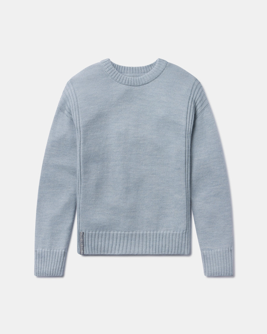 Front view of Women’s Original Crew alpaca crewneck sweater, sky blue, ribbed collar, cuffs and hem on light gray