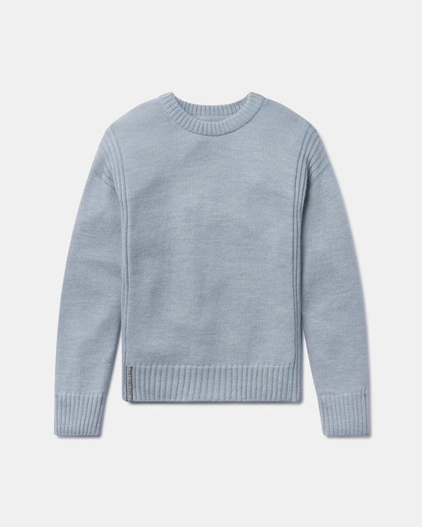 Front view of Women’s Original Crew alpaca crewneck sweater, sky blue, ribbed collar, cuffs and hem on light gray