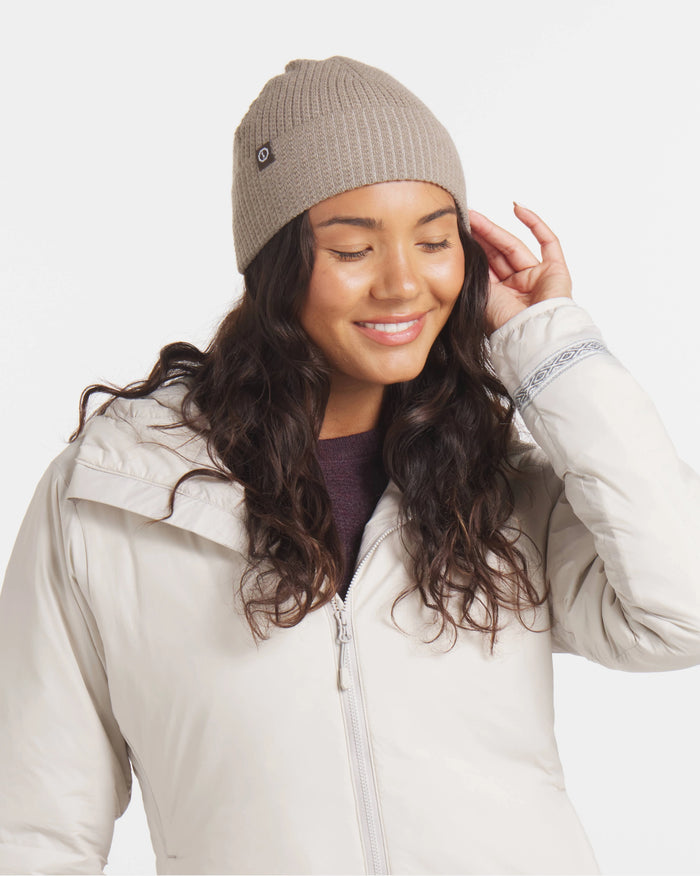 Woman Wearing Cappuccino / Light Brown Waffle Knit Beanie Alpaca Wool Hat – PAKA Apparel