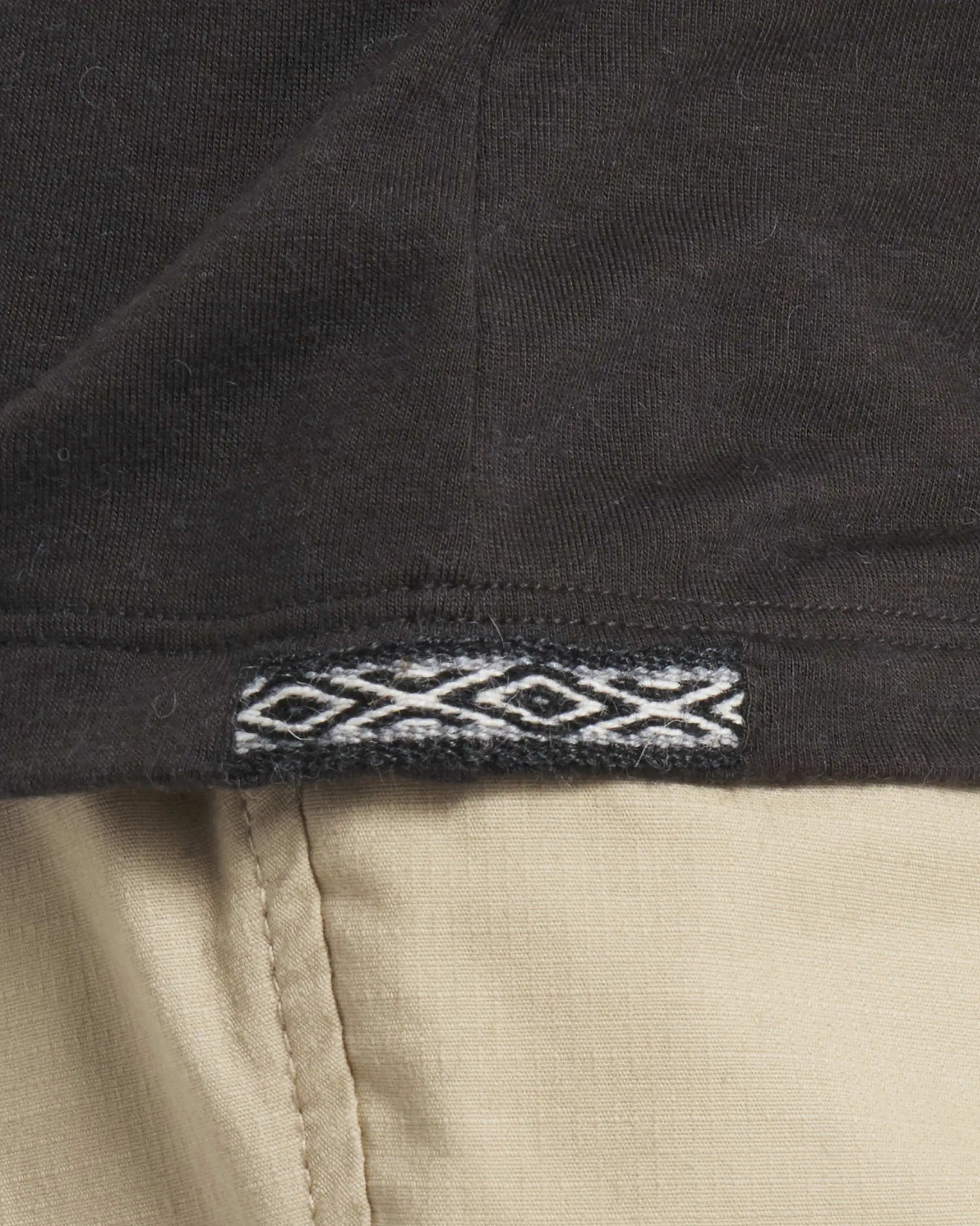 Close-Up of Inca ID on Women's Aire Alpaca Long Sleeve Hiking Shirt in Black – PAKA Apparel