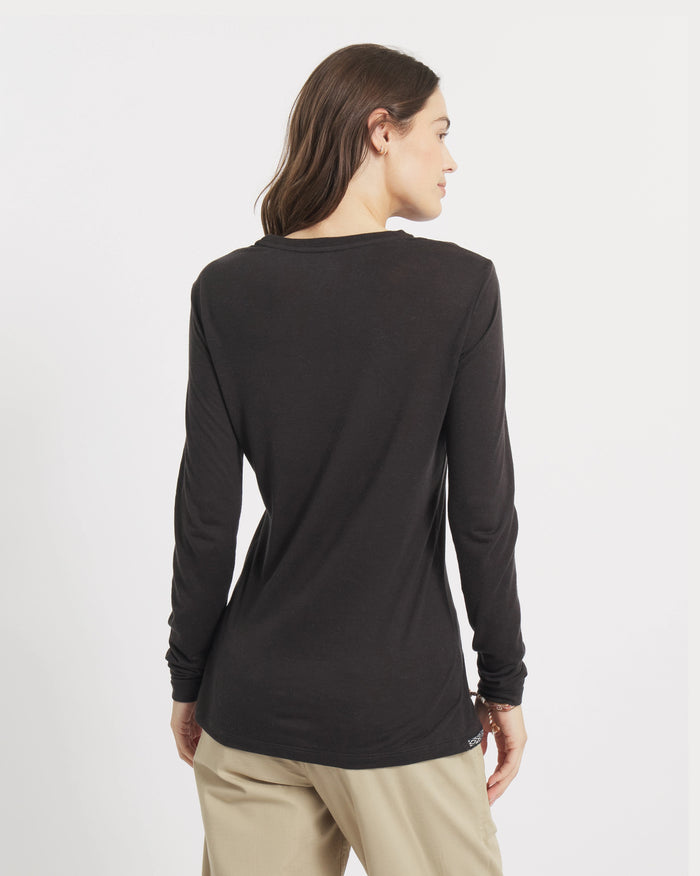 Back view of Women’s Aire Long Sleeve shirt showcasing slim fit and long sleeves in black on a plain white background