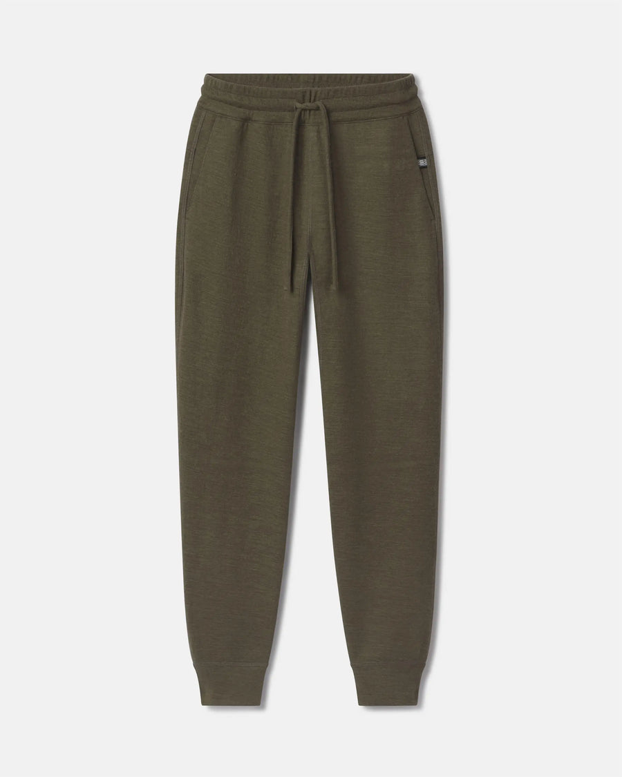 Front view of Women’s Breathe Jogger in Andean Moss with drawstring waist, side pockets and cuffed tapered ankles