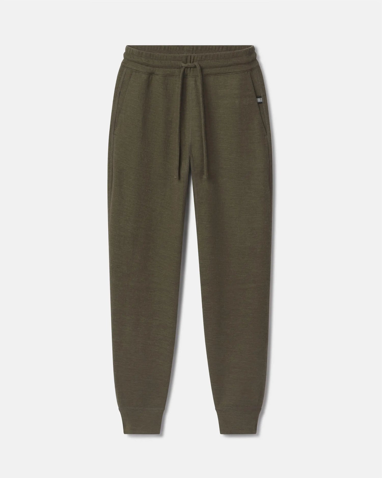 Front view of Women’s Breathe Jogger in Andean Moss with drawstring waist, side pockets and cuffed tapered ankles