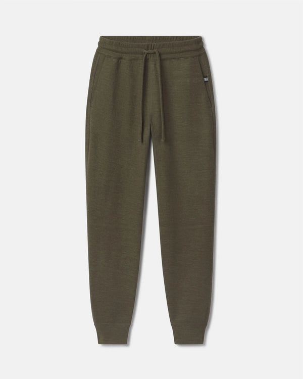 Front view of Women’s Breathe Jogger in Andean Moss with drawstring waist, side pockets and cuffed tapered ankles