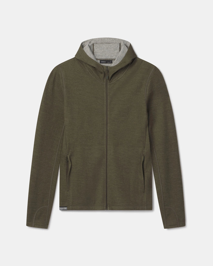 Front view of Women’s Breathe Full Zip Hoodie in Andean Moss with gray lined hood, full zip, and zippered side pockets on white background