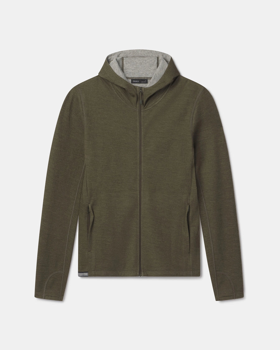 Front view of Women’s Breathe Full Zip Hoodie in Andean Moss with gray lined hood, full zip, and zippered side pockets on white background