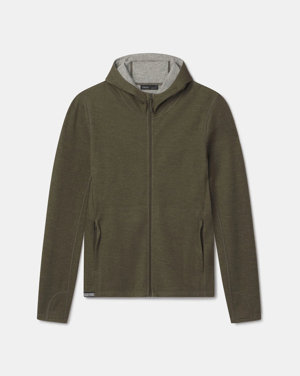 Front view of Women’s Breathe Full Zip Hoodie in Andean Moss with gray lined hood, full zip, and zippered side pockets on white background