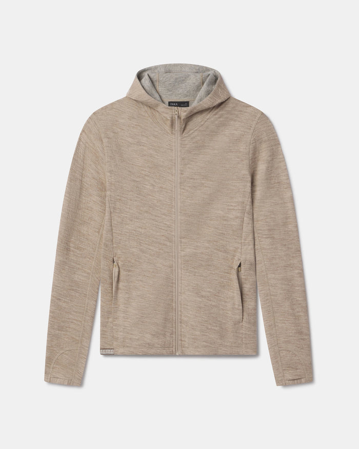 Front view of Women’s Breathe Full Zip Hoodie in timber with hood, zipped pockets, breathable alpaca on white background