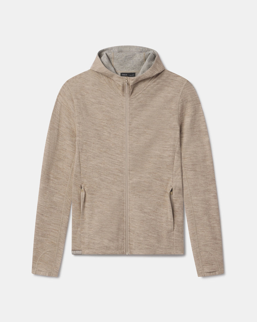 Front view of Women’s Breathe Full Zip Hoodie in timber with hood, zipped pockets, breathable alpaca on white background