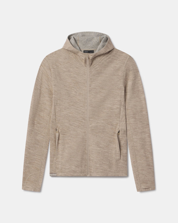Front view of Women’s Breathe Full Zip Hoodie in timber with hood, zipped pockets, breathable alpaca on white background