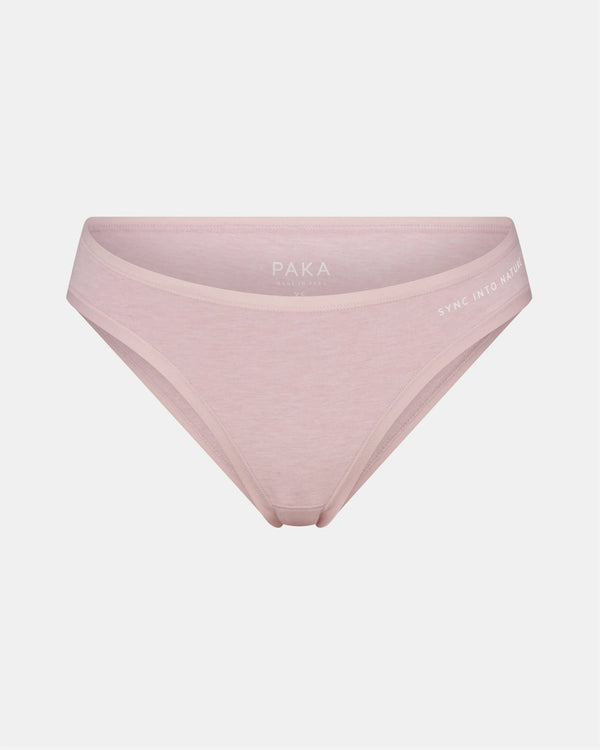 Front view of Women’s Essential Bikini Brief in lilac, low-rise bikini cut with soft heathered fabric on light gray background