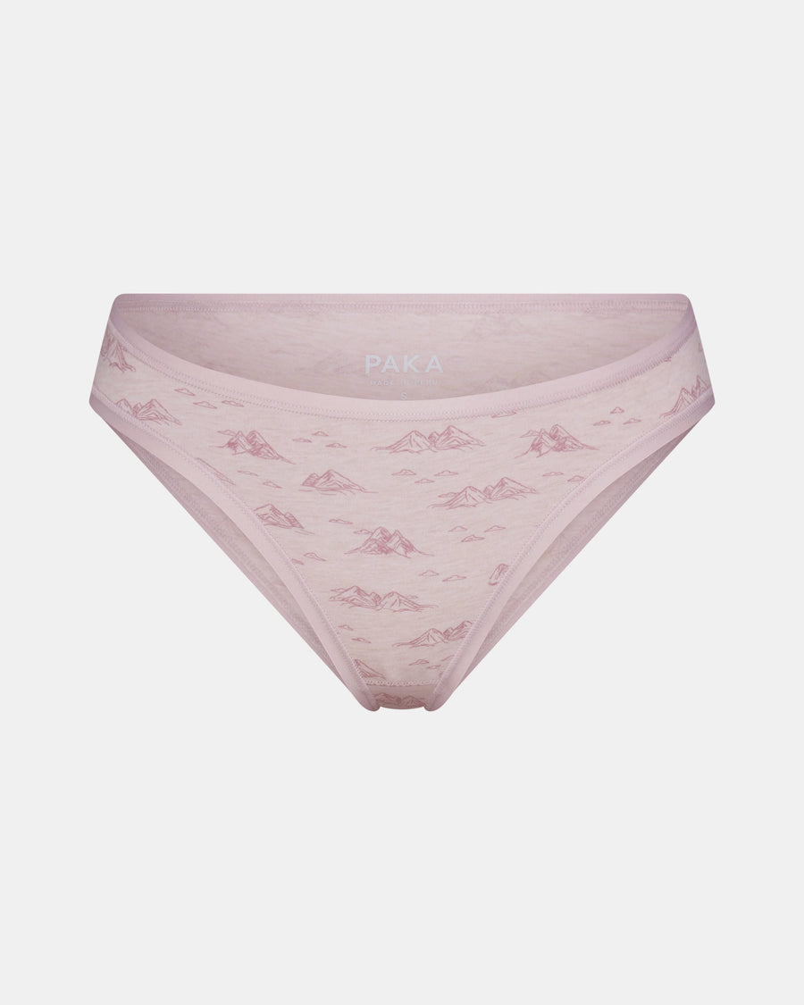 Front view of Women’s Essential Printed Bikini Brief with smokey lavender mountain print and low-rise cut