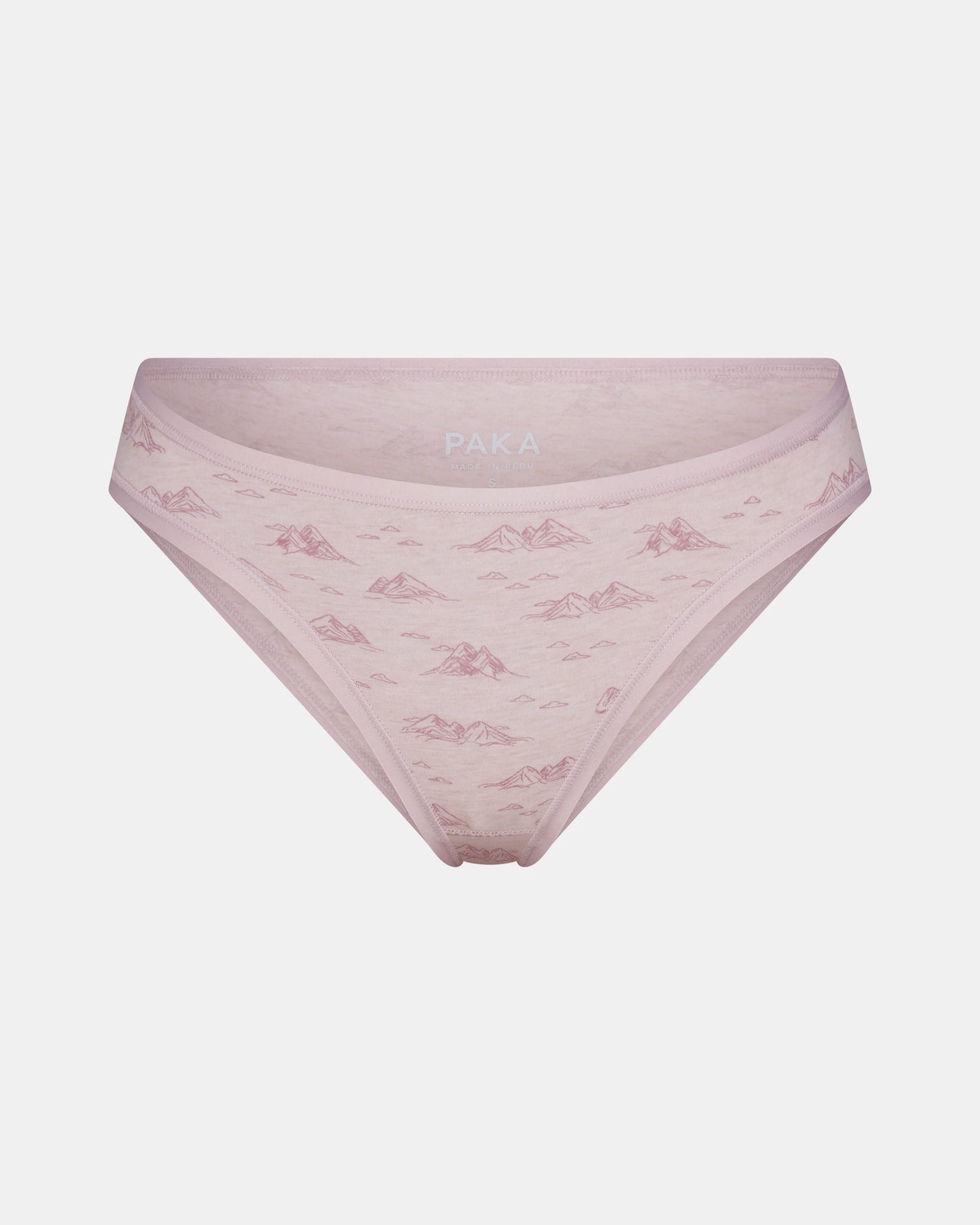 Front view of Women’s Essential Printed Bikini Brief with smokey lavender mountain print and low-rise cut
