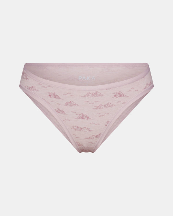 Front view of Women’s Essential Printed Bikini Brief with smokey lavender mountain print and low-rise cut