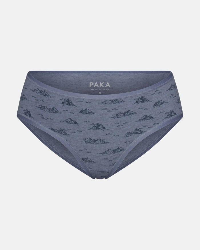 Front view of women’s mid-rise brief underwear in bluestone with small mountain print and visible PAKA waistband label on light gray background